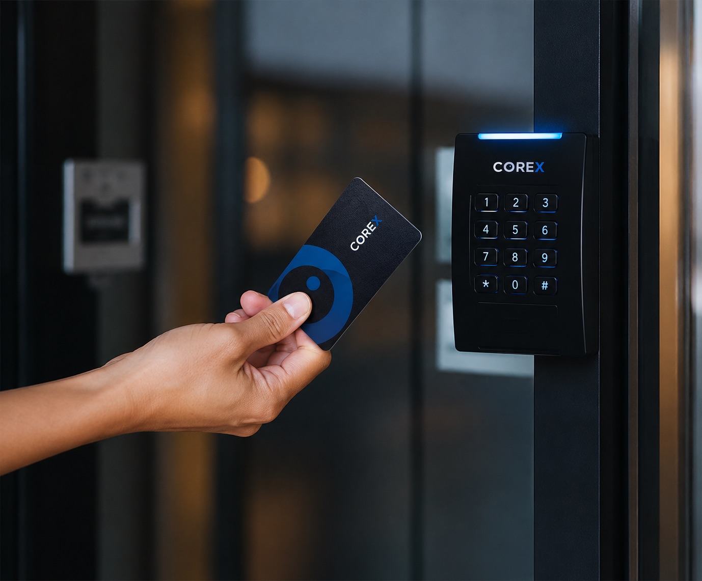 Person tapping COREX access card on electronic keypad reader at building entrance