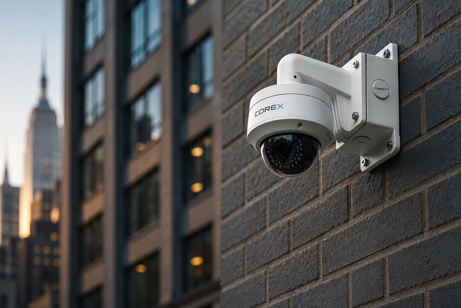 COREX dome security camera installed on NYC building exterior with Manhattan skyline