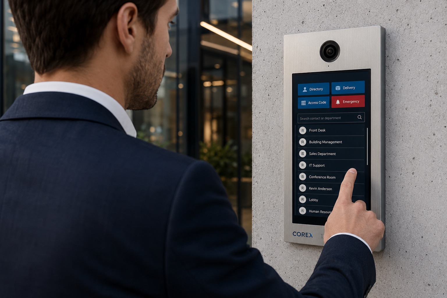 Smart video intercom panel with COREX branding — resident using smartphone to unlock building door