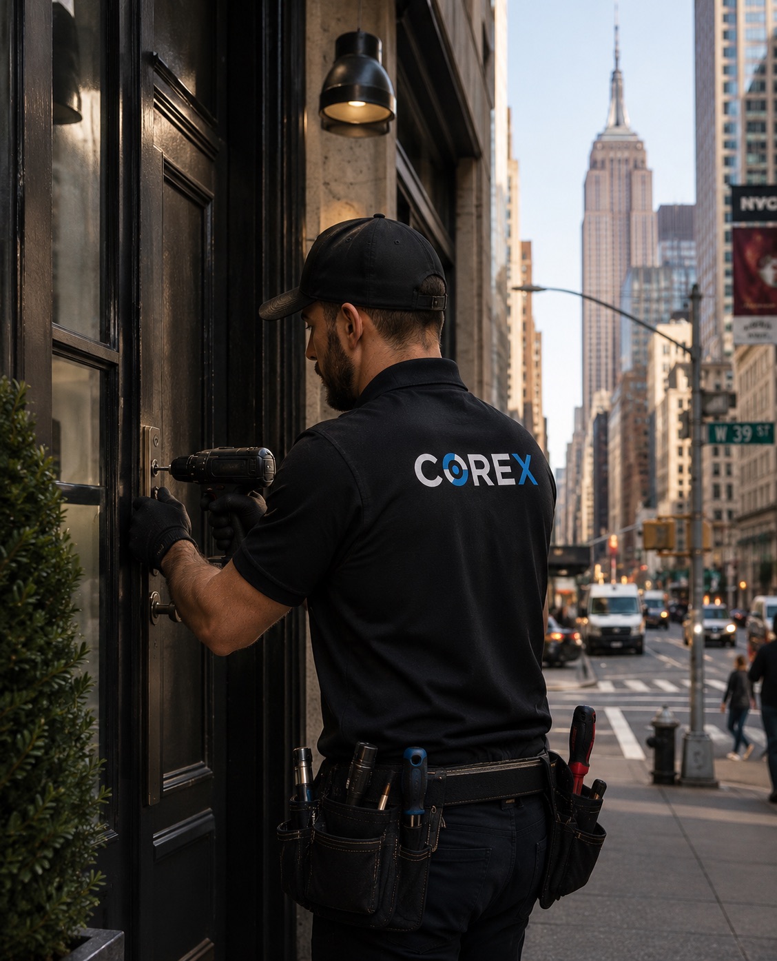 COREX Security technician installing high-security lock on NYC building door